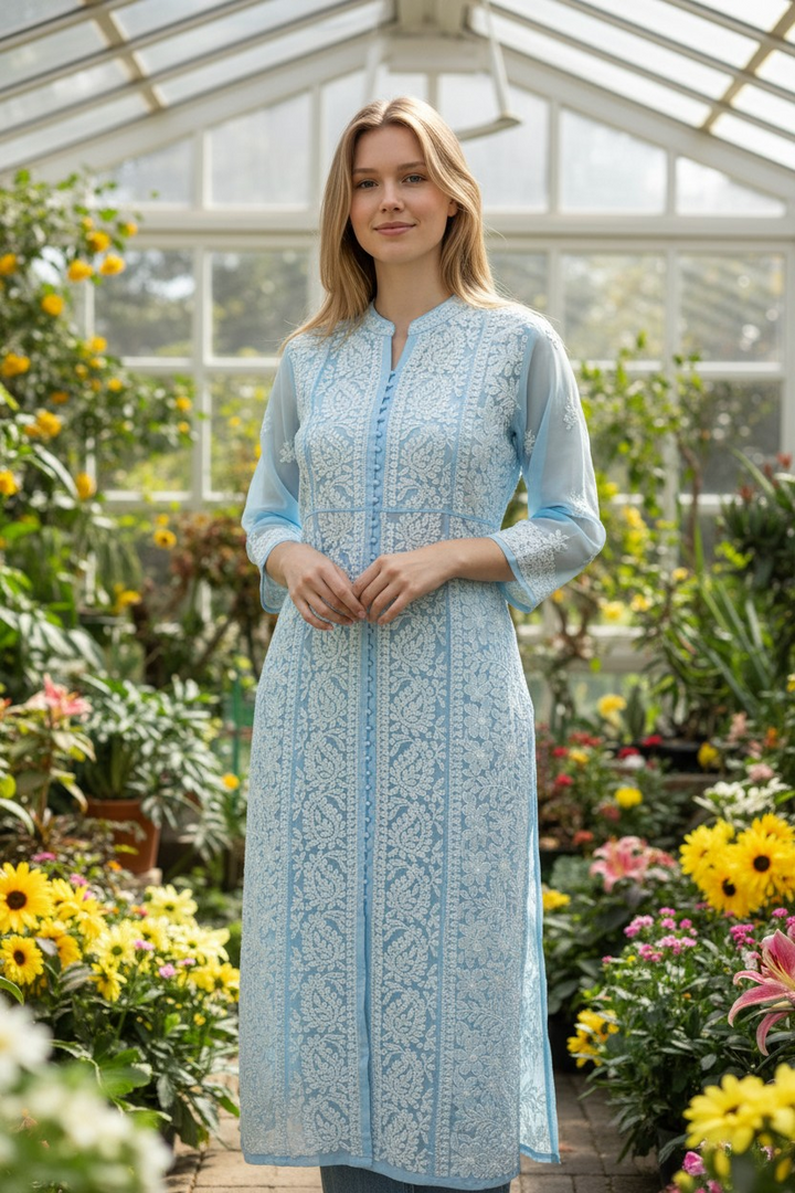 Women's Chikankari Georgette Front-Open Look Kurta | Hand Embroidered Lucknowi Ethnic Wear