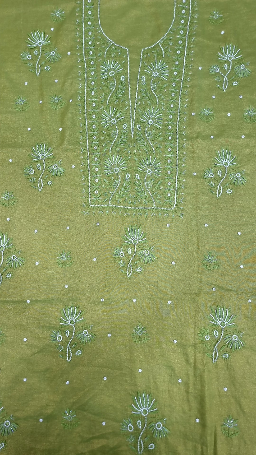 Soft Tissue Chikankari Unstitched Dress Material | 3 Taar Hand Embroidery with Pearl & Cutdana Work + Golden Border Dupatta