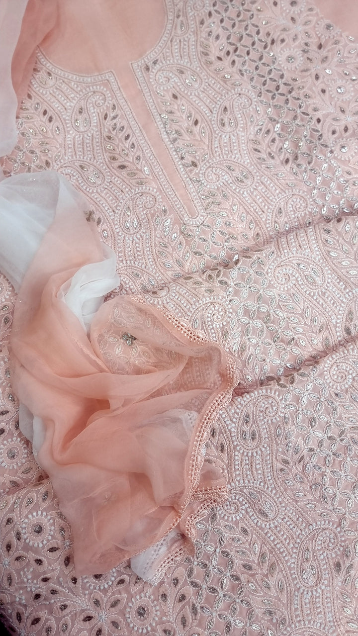 Peach Unstitched Soft Cotton Chikankari Suit Set – Aari, Kasab & Gotta Patti Embellished with Pure Chiffon Dupatta (Copy)