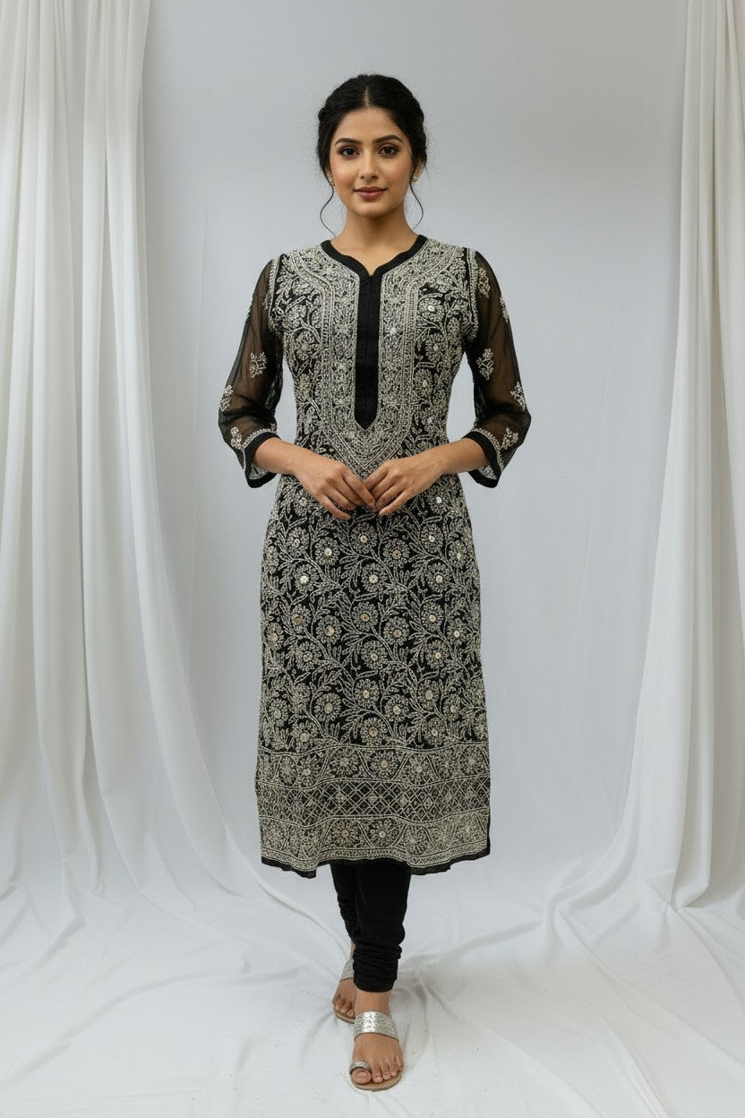 Raha Women’s Georgette Chikankari Kurti –Pearl, mirror n aari work -Designer Hand Embroidered Lucknowi Craft by Paridhan Chikan