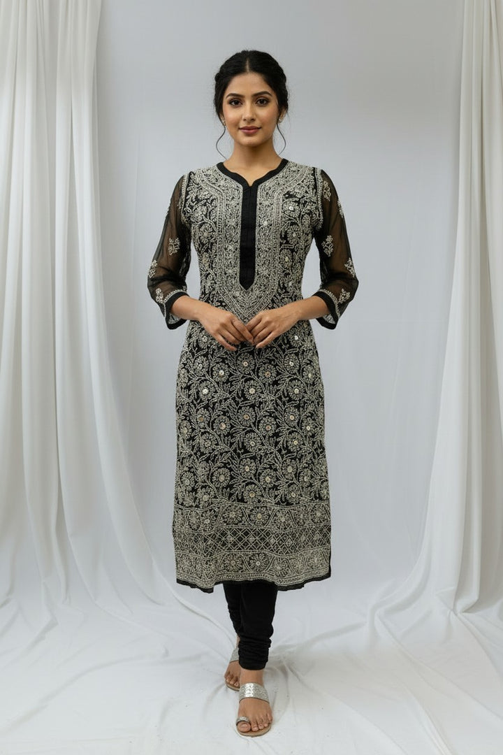 Raha Women’s Georgette Chikankari Kurti –Pearl, mirror n aari work -Designer Hand Embroidered Lucknowi Craft by Paridhan Chikan