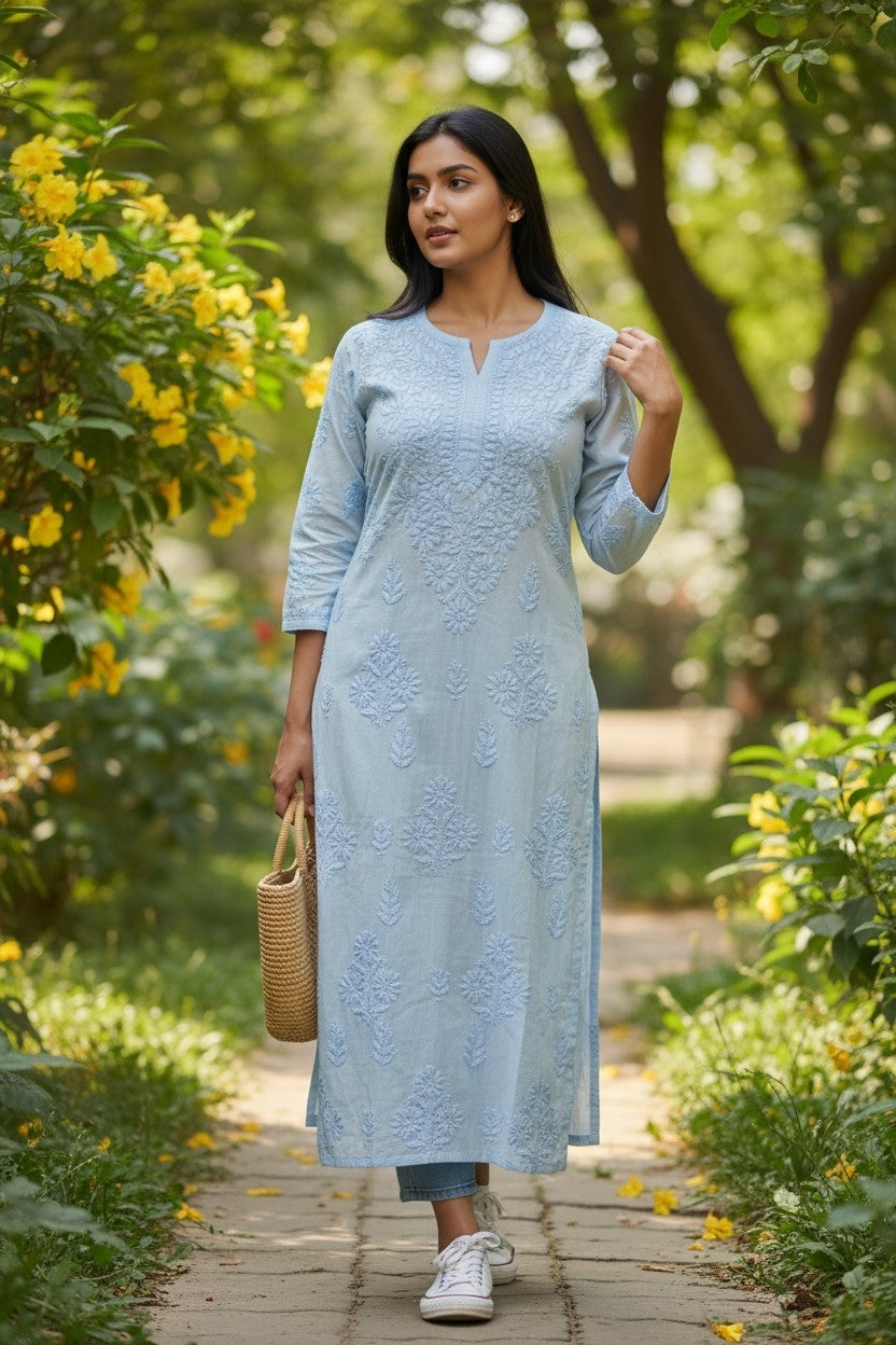 Premium Soft Chanderi Lucknowi Chikankari Long Kurti – 100% Hand Embroidered, Non-Transparent