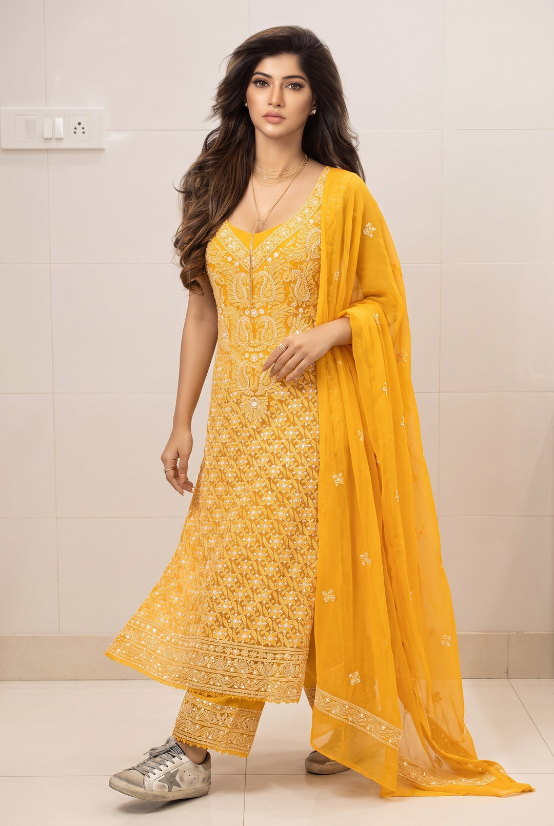 Unstitched Georgette Chikankari Dress Material | Hand Embroidered Kurta, Bottom & Dupatta