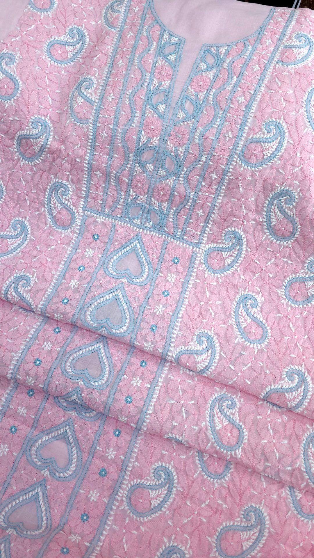 Lucknow Chikankari Hand Embroidered Cotton Dress Material with Tri-Color Motifs & Pure Chiffon Dupatta