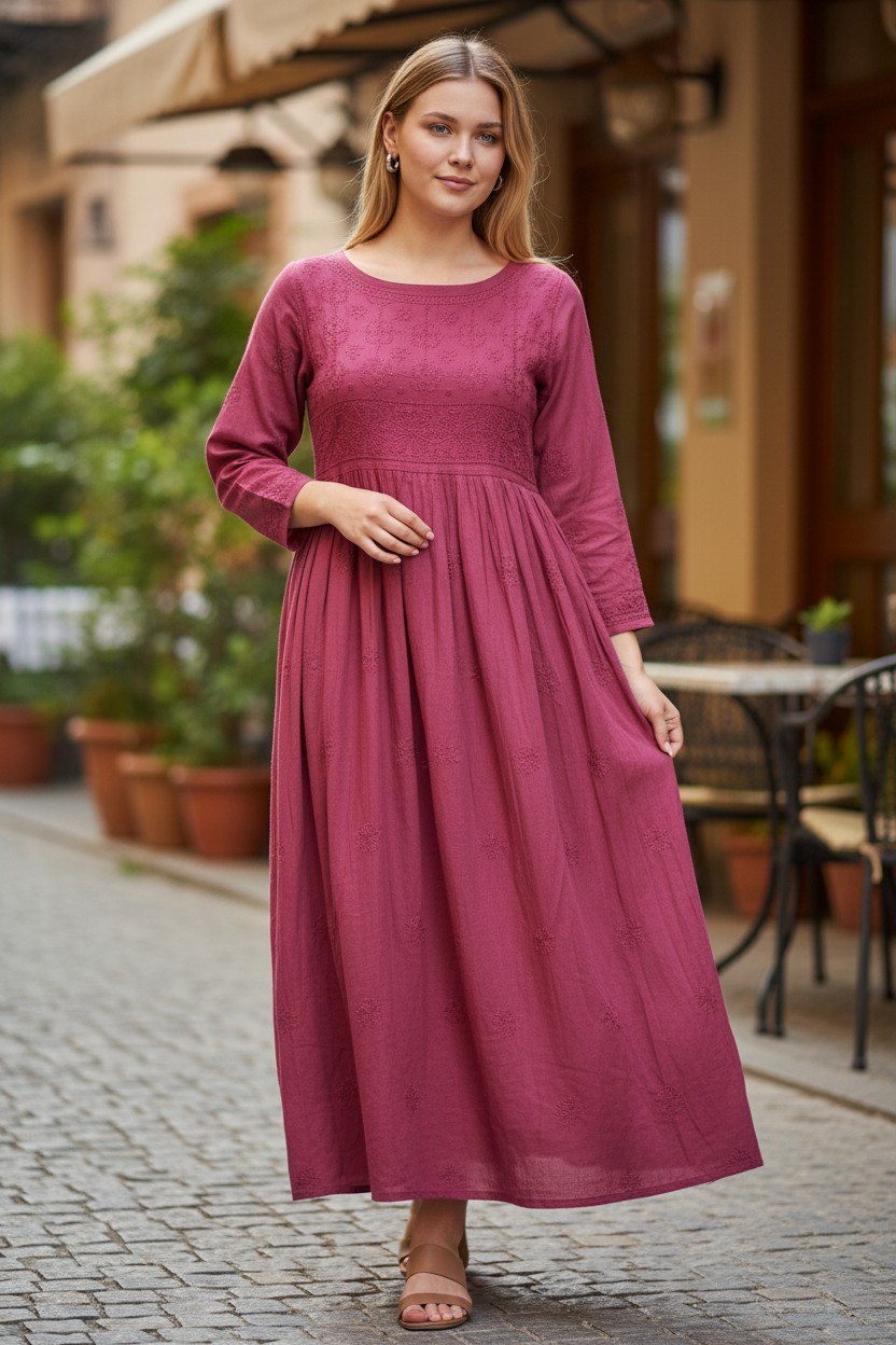 Cotton Lucknowi Chikankari 50 " Long A line Gown Kurti | 100% Hand Embroidered| No Shrinkage