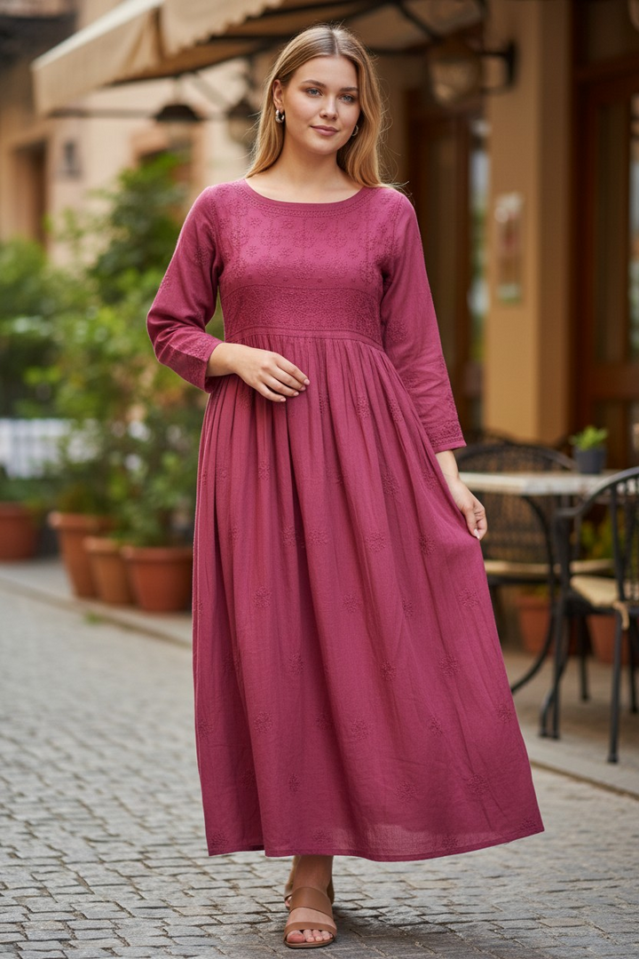 Cotton Lucknowi Chikankari 50 " Long A line Gown Kurti | 100% Hand Embroidered| No Shrinkage