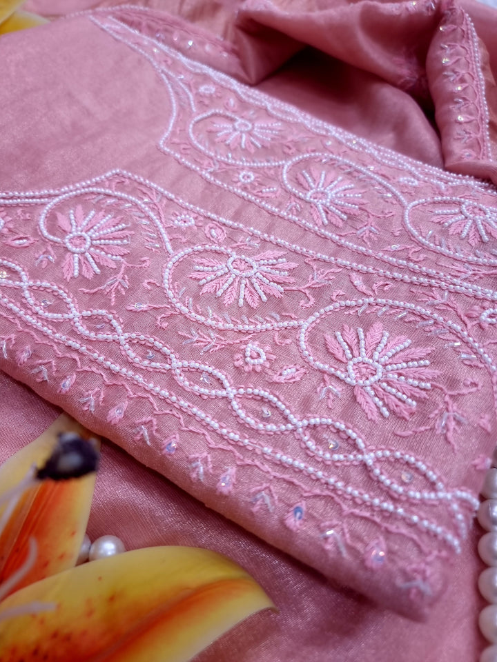 Soft Tissue Chikankari Unstitched Dress Material | 3 Taar Hand Embroidery with Pearl & Cutdana Work + Golden Border Dupatta