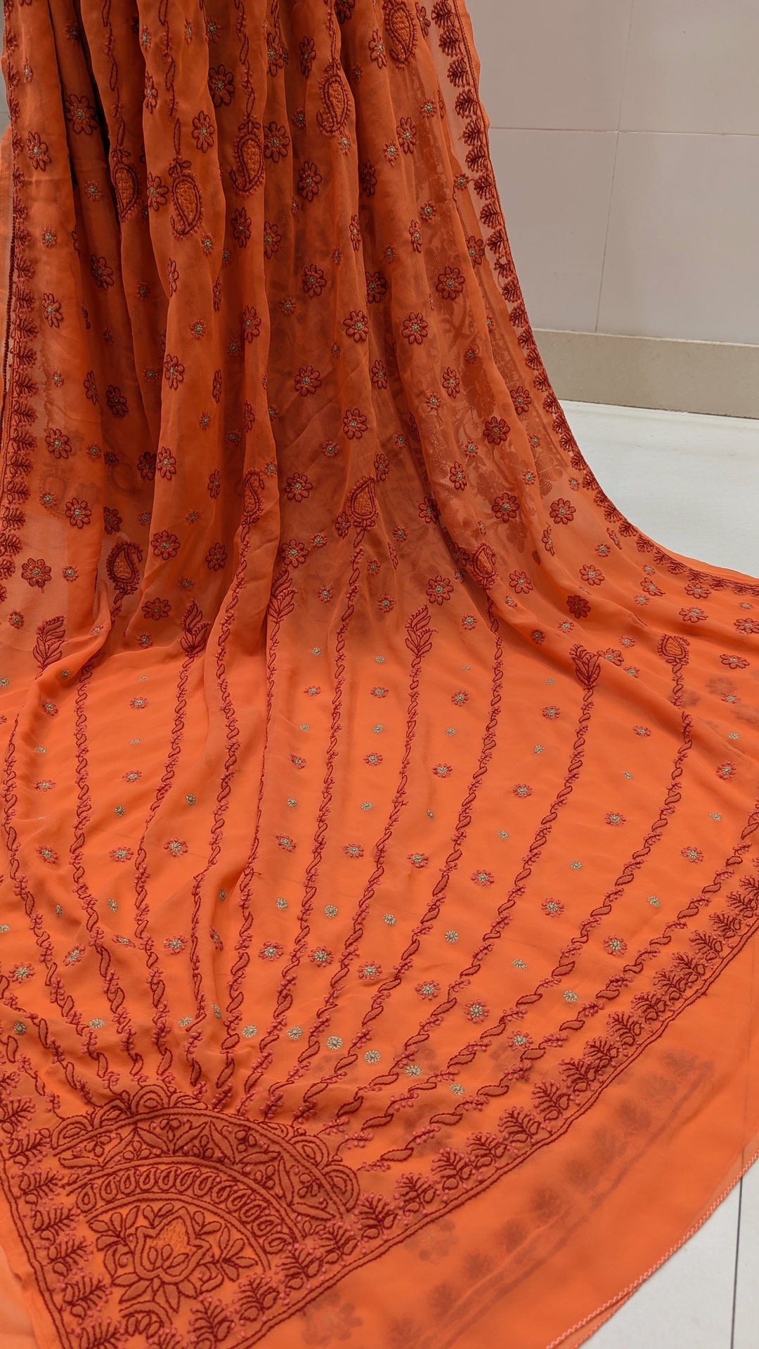 Faux Georgette Hand Chikankari Saree with Exclusive Border & designer Palla Design | Embroidered Blouse Included | Authentic Lucknow Handicraft by Paridhan Chikan
