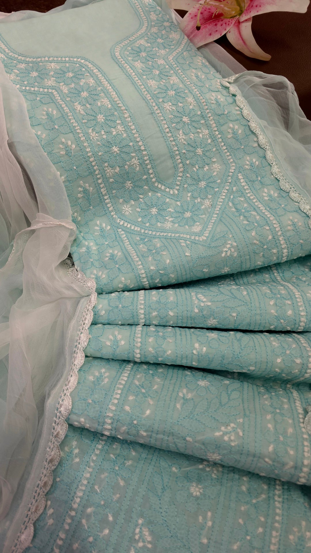 Lucknow Chikankari Hand Embroidered Cotton Dress Material with Tri-Color Motifs & Pure Chiffon Dupatta