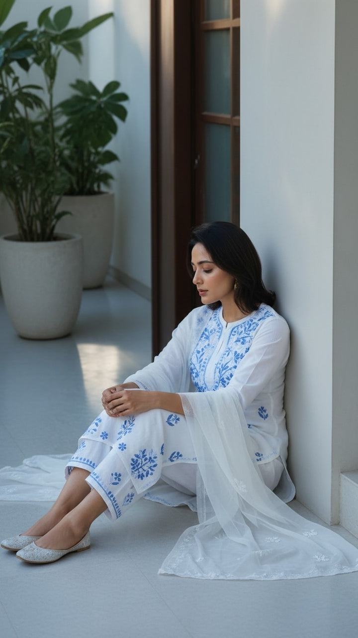 Ananya Rayon Colored Thread Chikankari Kurta Palazzo Dupatta Set | Lucknow Hand Embroidery | Paridhan Chikan