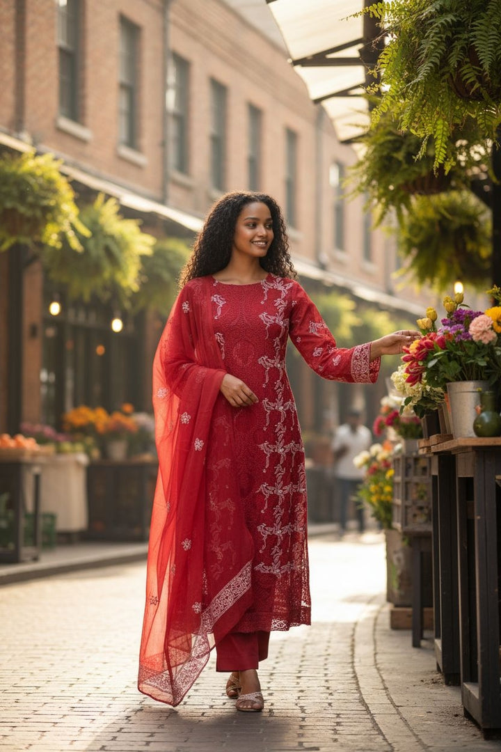 Unstitched Georgette Chikankari Dress Material | Hand Embroidered Kurta, Bottom & Dupatta