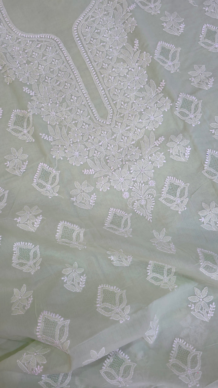 Handmade Jaali Chikankari Cotton Dress Material with Chiffon Dupatta | Authentic Lucknow Hand Embroidery | Unstitched Suit Set