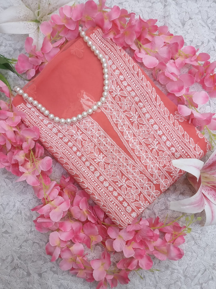 Lucknowi Georgette Chikankari Dress Material – Hand Embroidery Kurta, Bottom & Dupatta | Festive Queen Shades