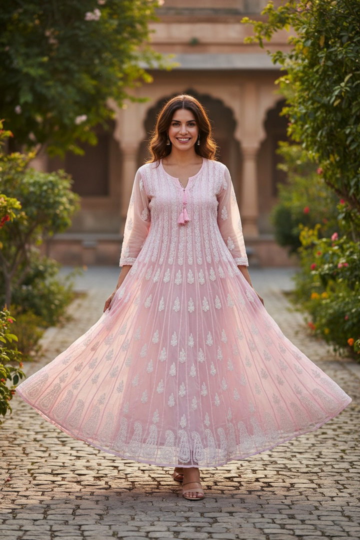Georgette Lucknowi Chikankari 50" Long Anarkali Kurti | 100% Hand Embroidered| No Shrinkage