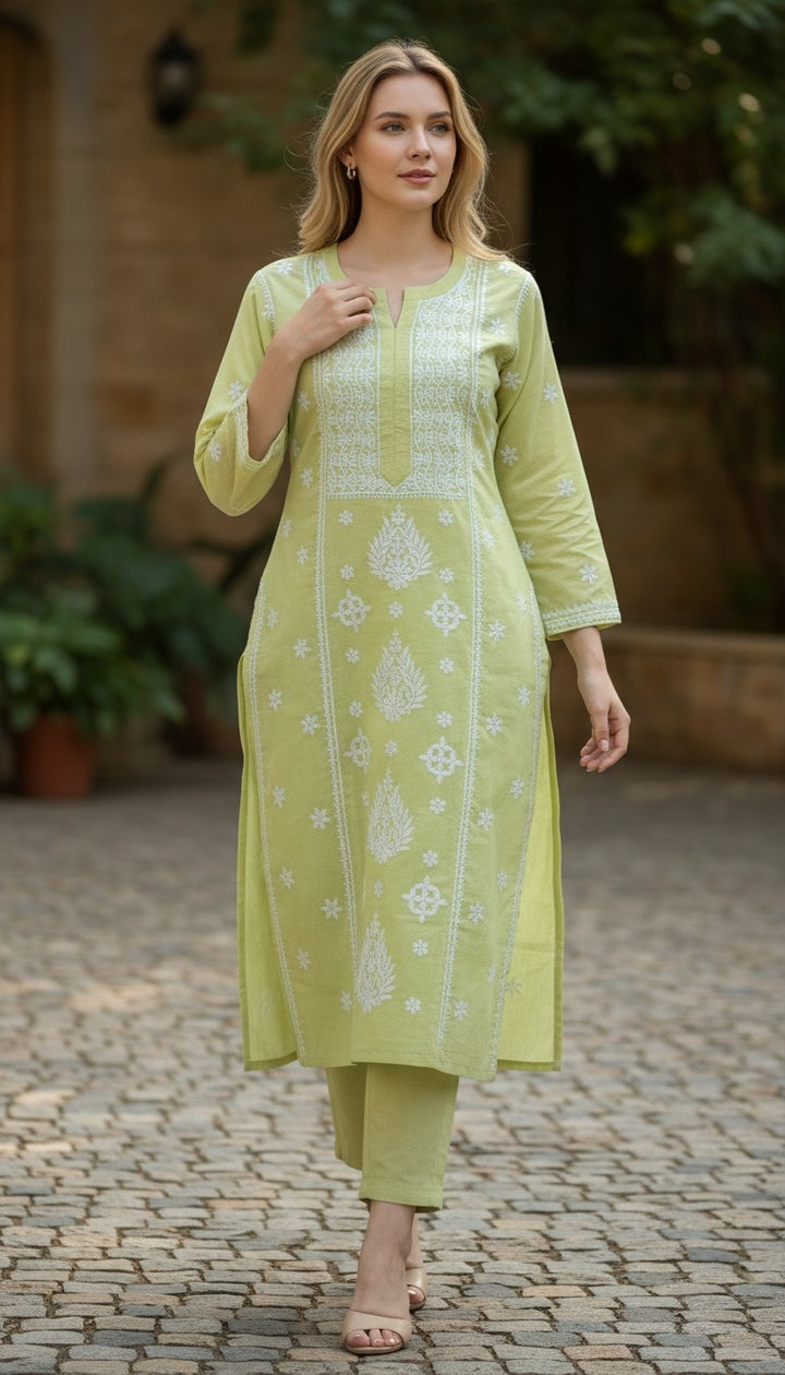 Hand Embroidery Chikankari Linen Kurti - Pista Green