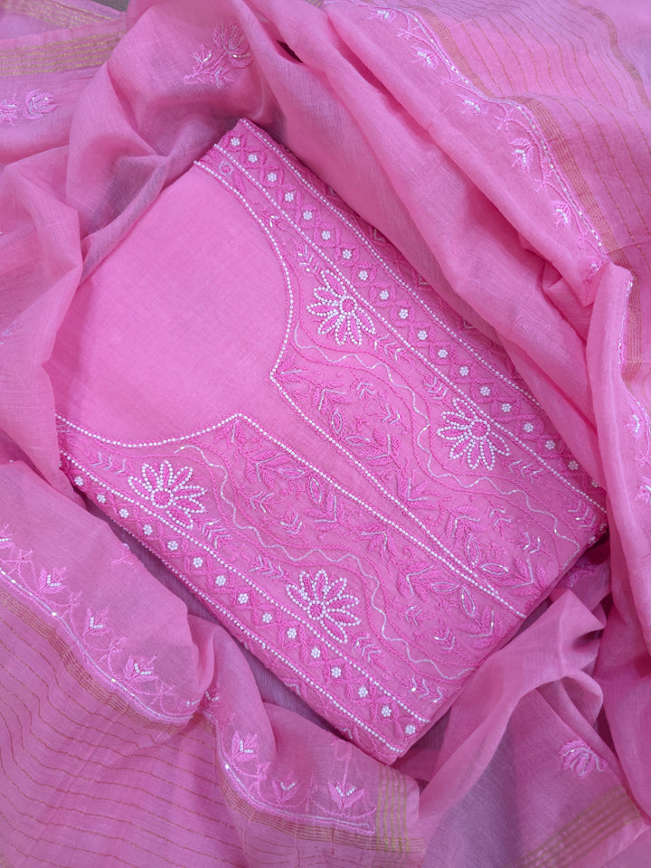 Hiba Premium Mul Chanderi Supersoft Dyeable Chikankari Dress Material | Hand Embroidered with Pearls & Cutdaana | Kurta & Dupatta Set