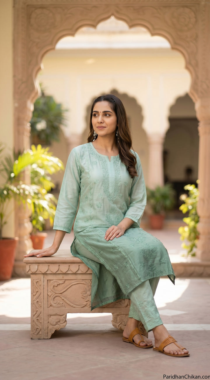 Sharvari Chikankari Chanderi Ombre Dyed Long Kurta for Women | Soft Non-Transparent | Lucknowi Chikankari | Paridhan Chikan