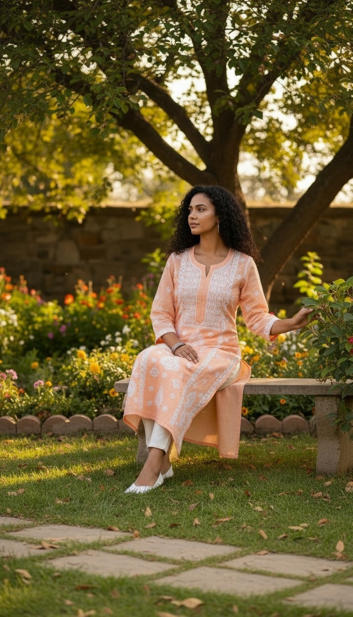 Hand Embroidery Chikankari Linen Kurti - Peach