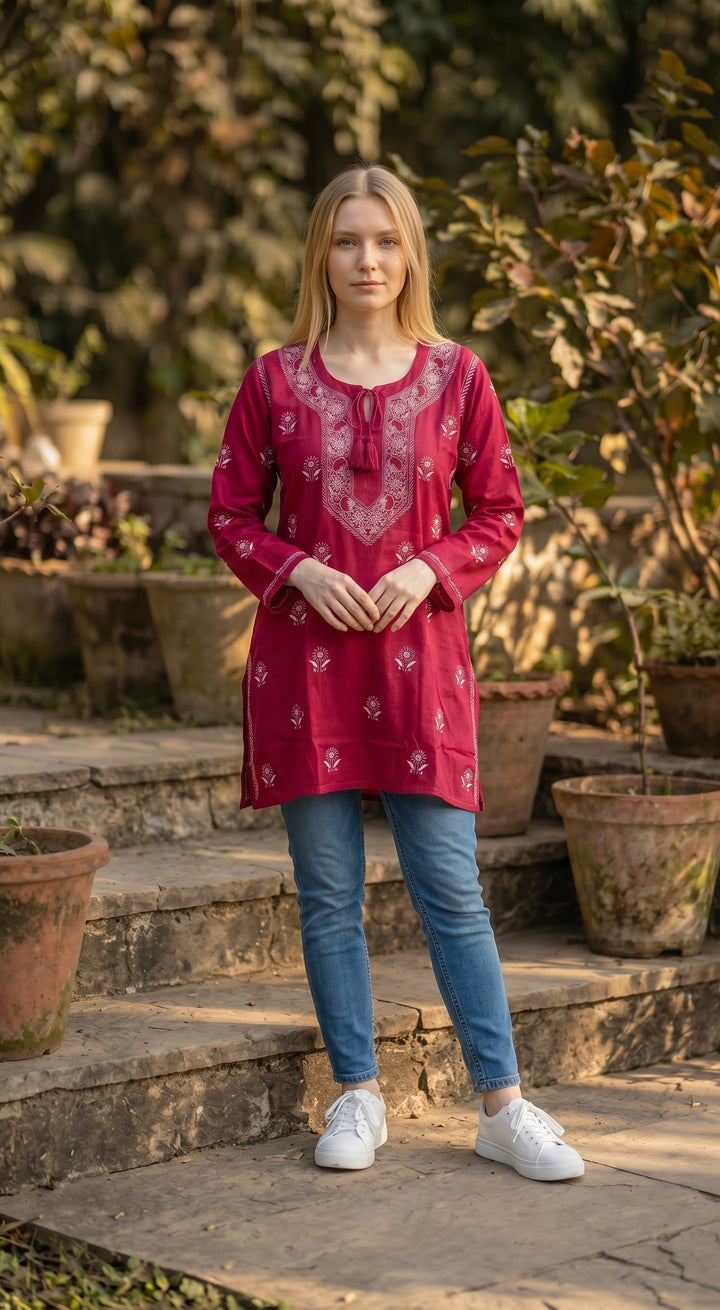 Women's Modal Satin Chikankari Top – Authentic 2 Taar Hand Embroidery