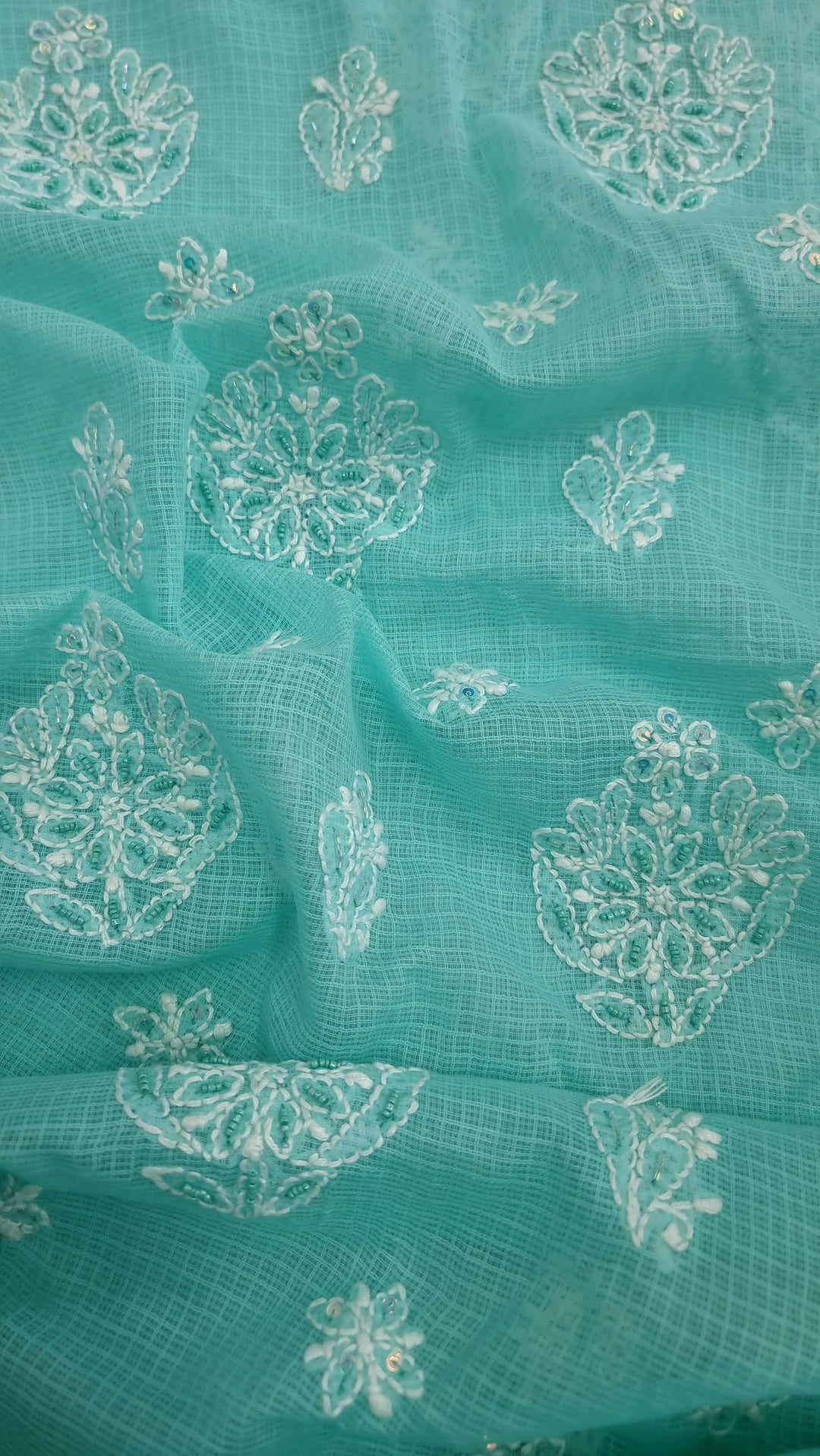 KOTA CHIKANKARI DRESS MATERIAL WITH PEARL - TERQUOISE