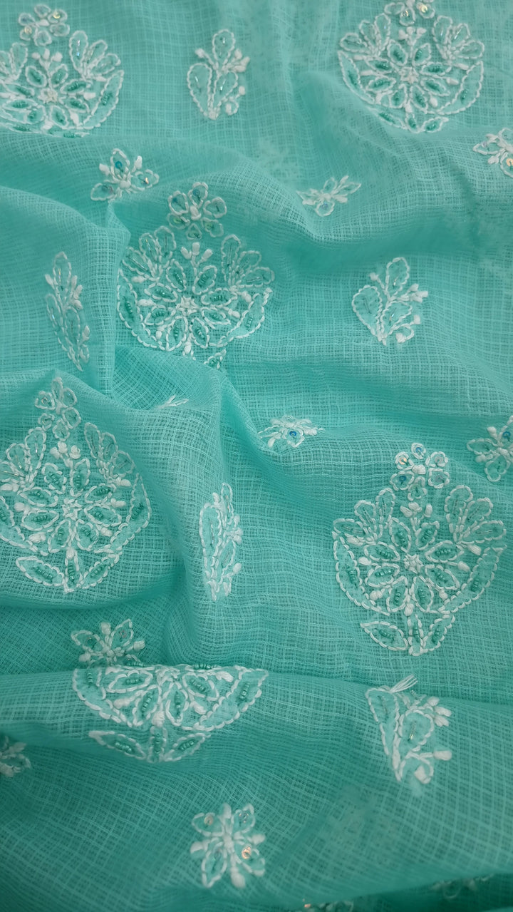 KOTA CHIKANKARI DRESS MATERIAL WITH PEARL - TERQUOISE