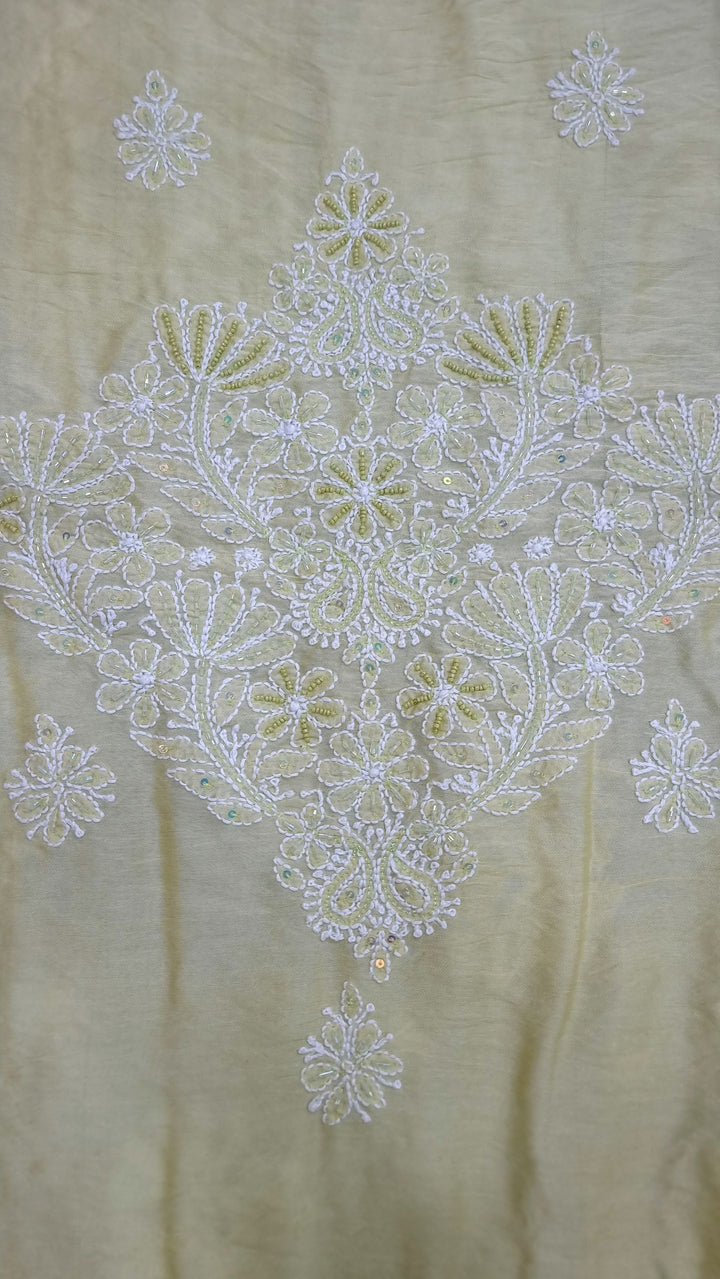 Lucknowi Chikankari Chanderi Fabric – Hand-Embroidered Kurta & Dupatta with Pearl, Resham & Badla Work