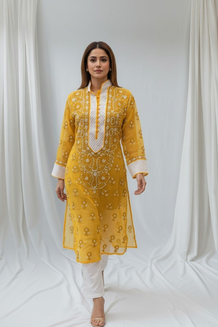 Women’s Georgette Chikankari Kurti – Designer Hand Embroidered Lucknowi Craft by Paridhan Chikan