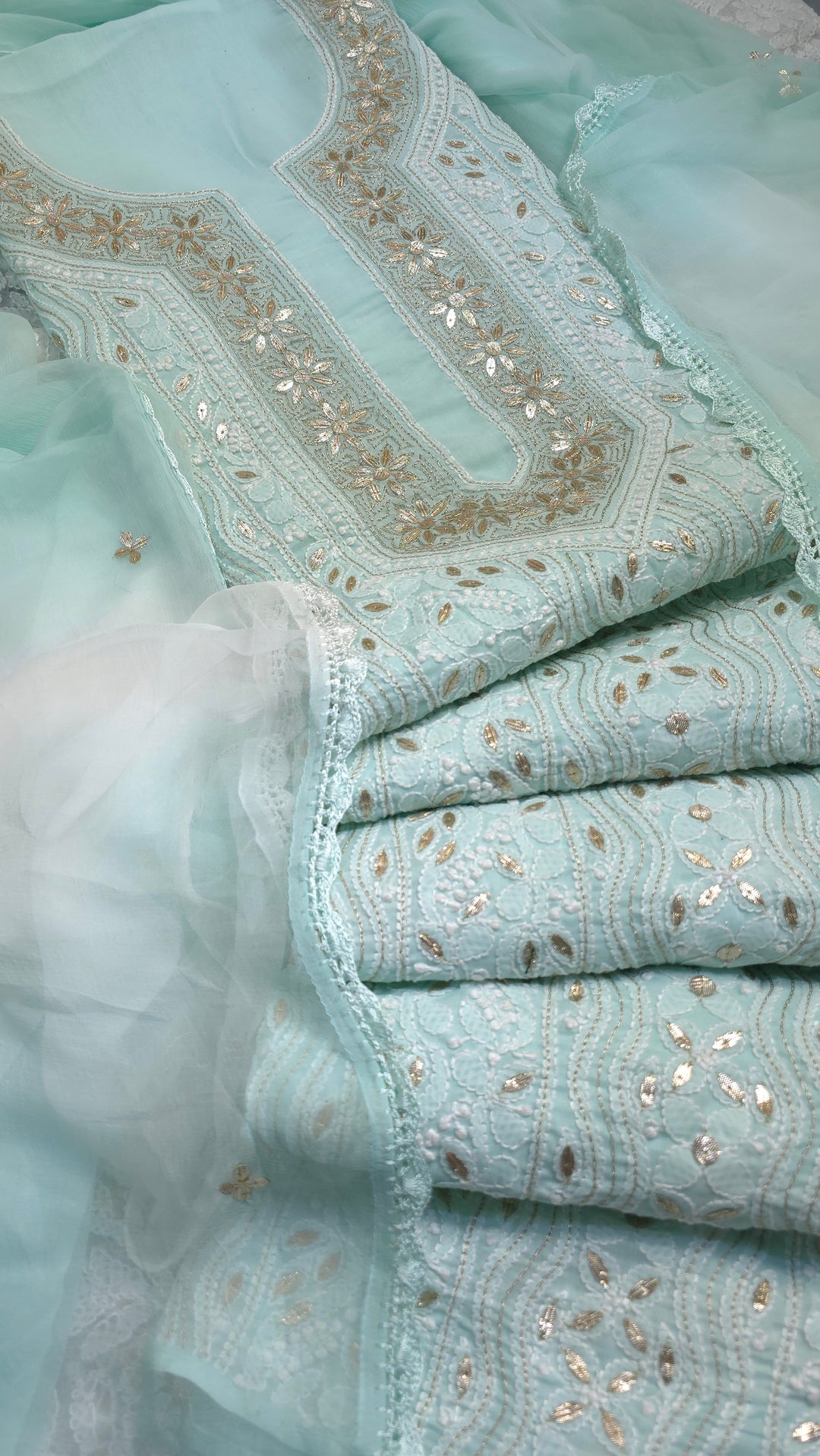 Sea Green Unstitched Soft Cotton Chikankari Suit Set – Aari, Kasab & Patti Embellished Gotta with Pure Chiffon Dupatta
