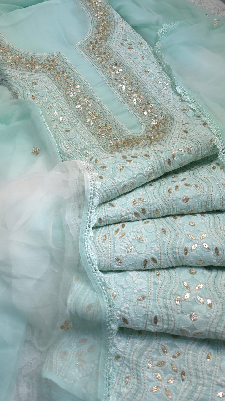Sea Green Unstitched Soft Cotton Chikankari Suit Set – Aari, Kasab & Patti Embellished Gotta with Pure Chiffon Dupatta