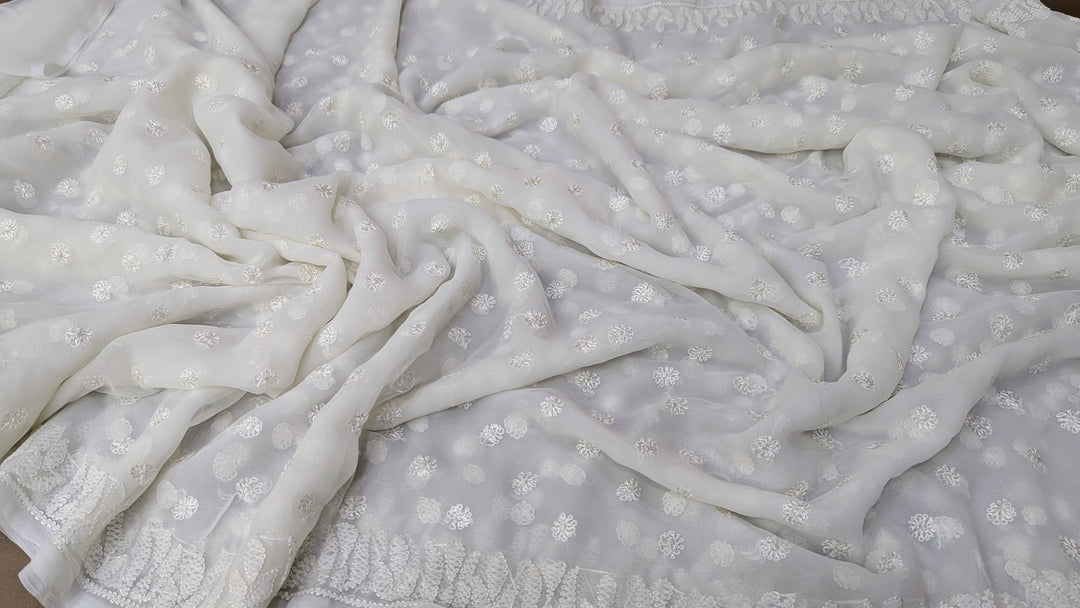 Faux Georgette Hand Chikankari Saree with Exclusive Border & Palla Design | Embroidered Blouse Included | Authentic Lucknow Handicraft by Paridhan Chikan