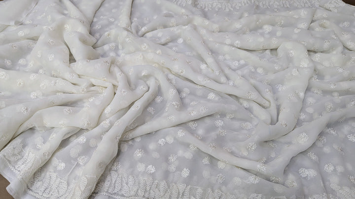Faux Georgette Hand Chikankari Saree with Exclusive Border & Palla Design | Embroidered Blouse Included | Authentic Lucknow Handicraft by Paridhan Chikan