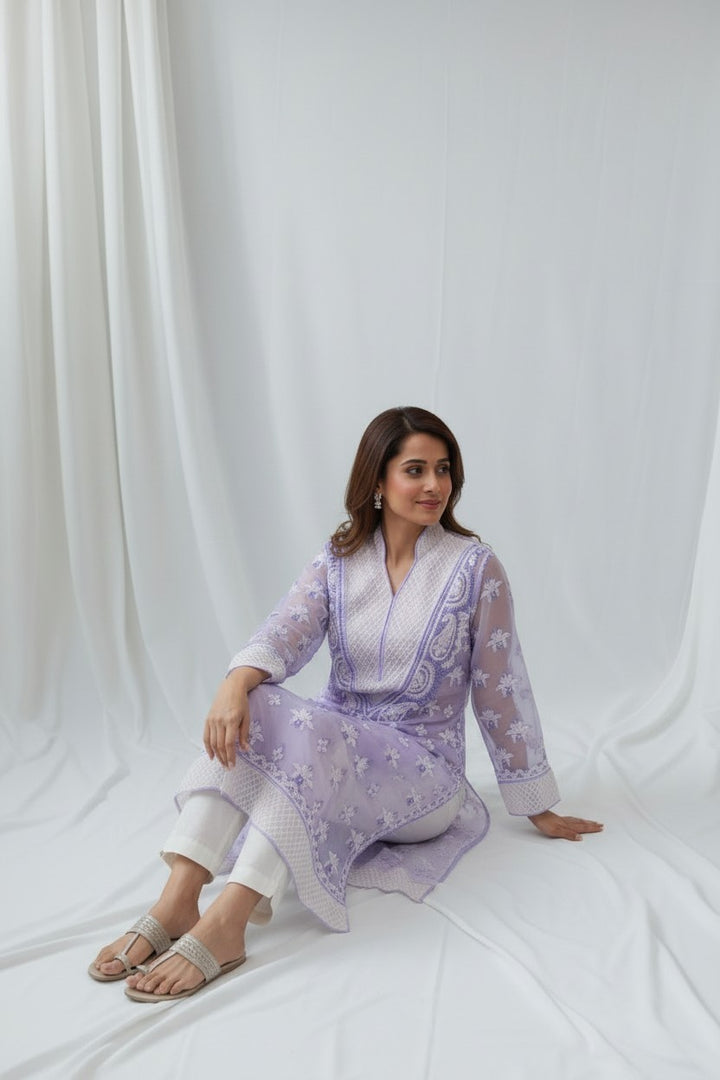 Women’s Georgette Chikankari Kurti – Designer Hand Embroidered Lucknowi Craft by Paridhan Chikan
