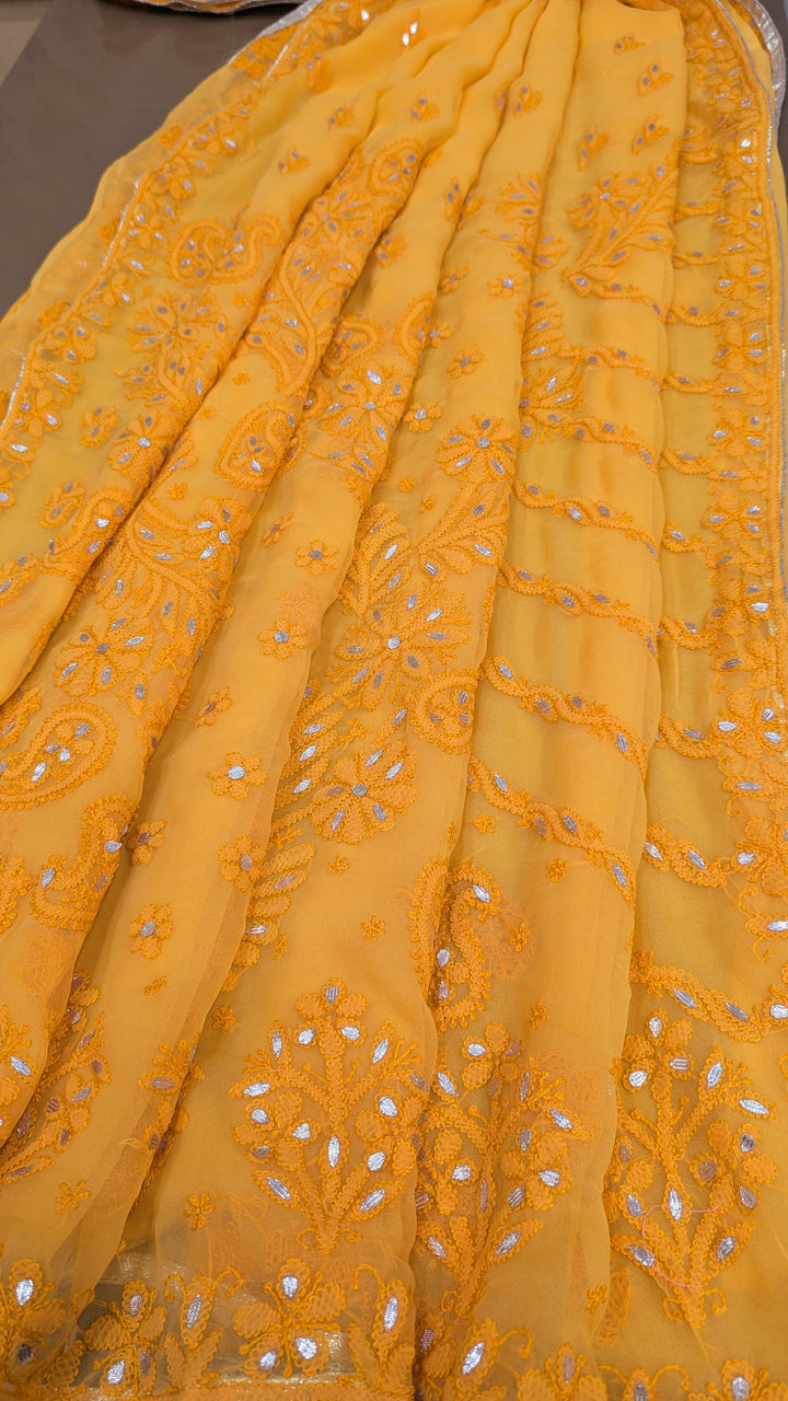 Embellished with Gota Patti | Hand Chikankari Faux Georgette Saree | Lucknowi Embroidery | Designer Festive Wear by Paridhan Chikan