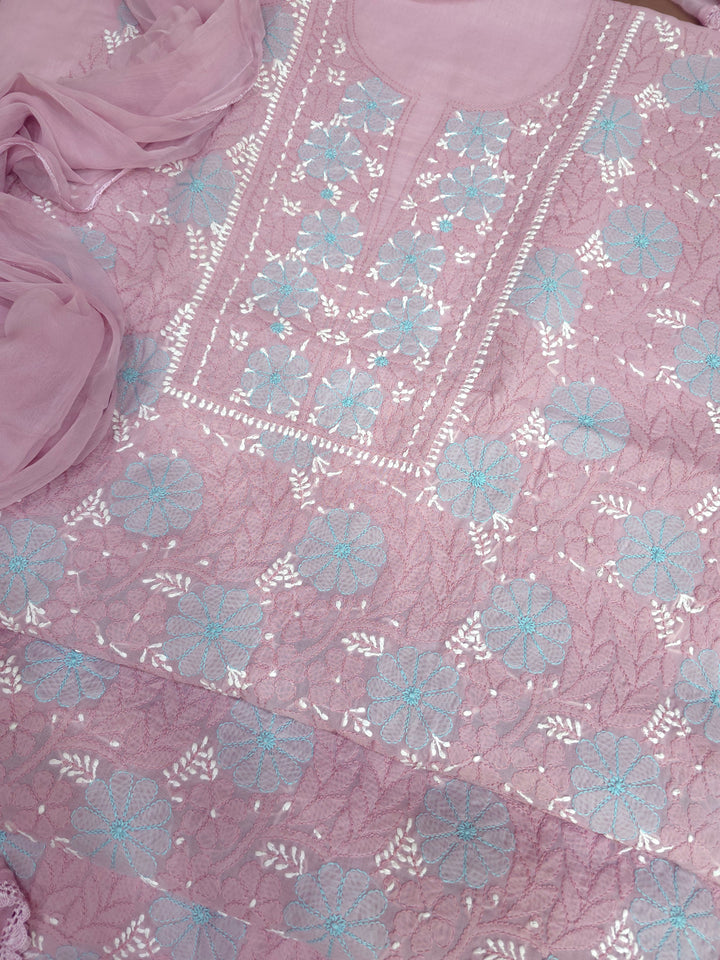 Lucknow Chikankari Hand Embroidered Cotton Dress Material with Tri-Color Motifs & Pure Chiffon Dupatta