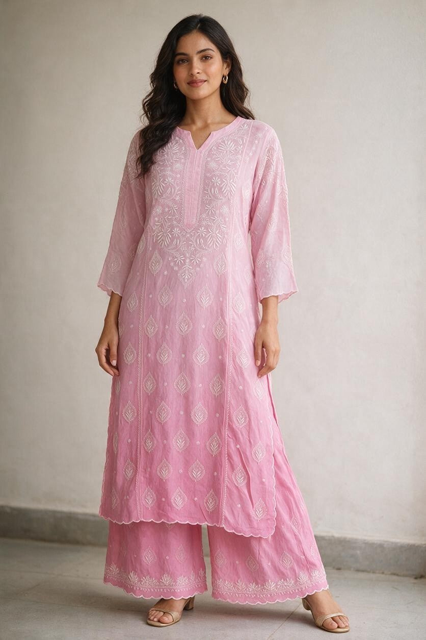 Luxe-Pure crepe luxurious kurti sharara set with *2 taar chikankari work*