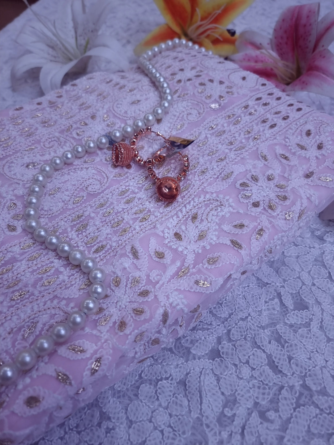 Baby Pink Georgette Chikankari gotta Patti Dress Material