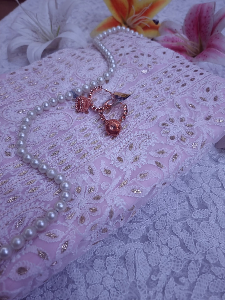 Baby Pink Georgette Chikankari gotta Patti Dress Material