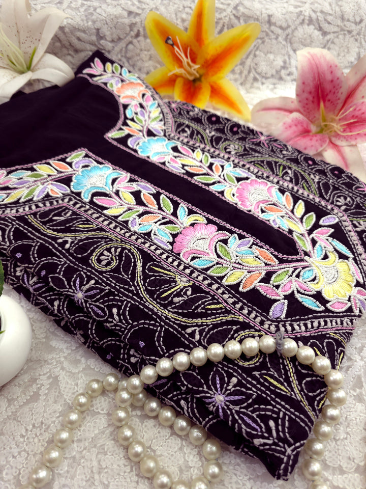 Cotton Resham Neckline chikankari dress material- Black
