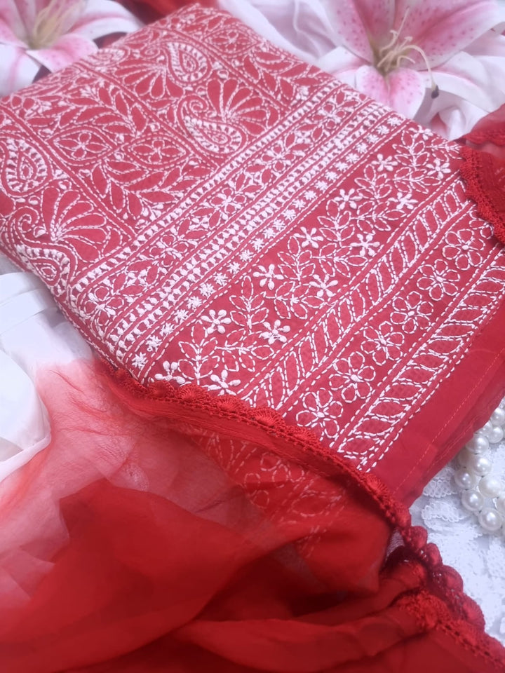 " Lucknowi Chikankari Unstitched Cotton Suit Set – Kurta, Bottom & Dupatta by Paridhan Chikan"