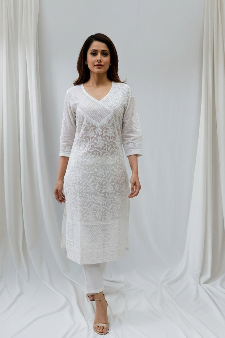 Jia Cotton Chikankari Hand Embroidered Kurti for Women | Premium  | 48 Inch approx Length | Lucknowi Chikan Kurta