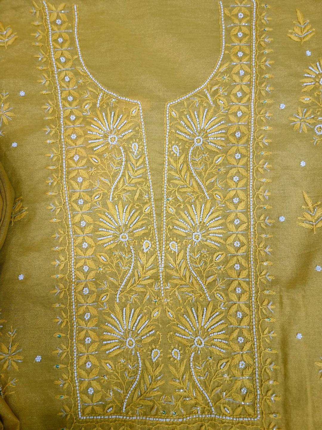 Soft Tissue Chikankari Unstitched Dress Material | 3 Taar Hand Embroidery with Pearl & Cutdana Work + Golden Border Dupatta