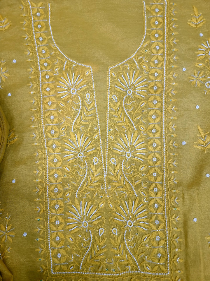 Soft Tissue Chikankari Unstitched Dress Material | 3 Taar Hand Embroidery with Pearl & Cutdana Work + Golden Border Dupatta