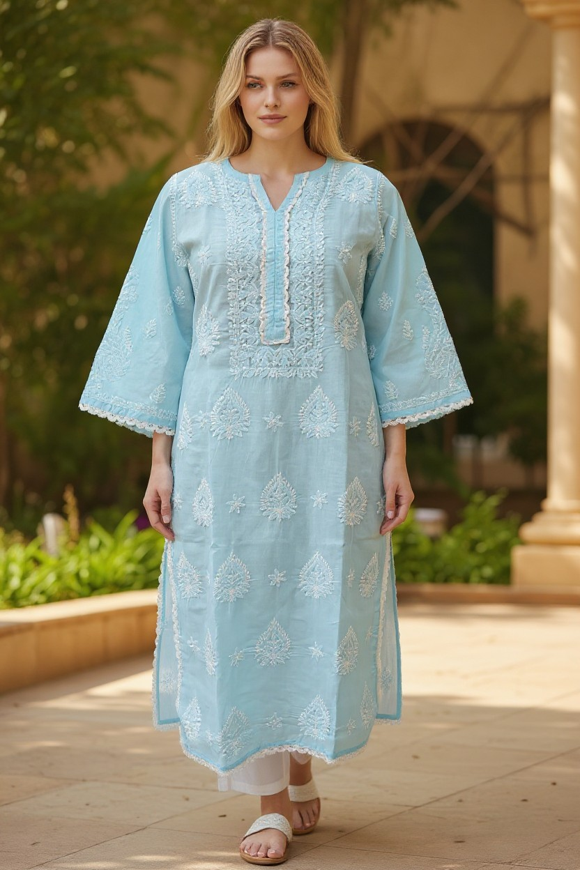 Lace Cotton Chikankari Hand Embroidered Kurti for Women | Premium Soft  | 44 Inch Length | Lucknowi Chikan Kurta