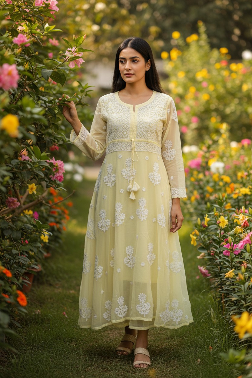 Georgette Lucknowi Chikankari 50" Long gown style Kurti | 100% Hand Embroidered| No Shrinkage