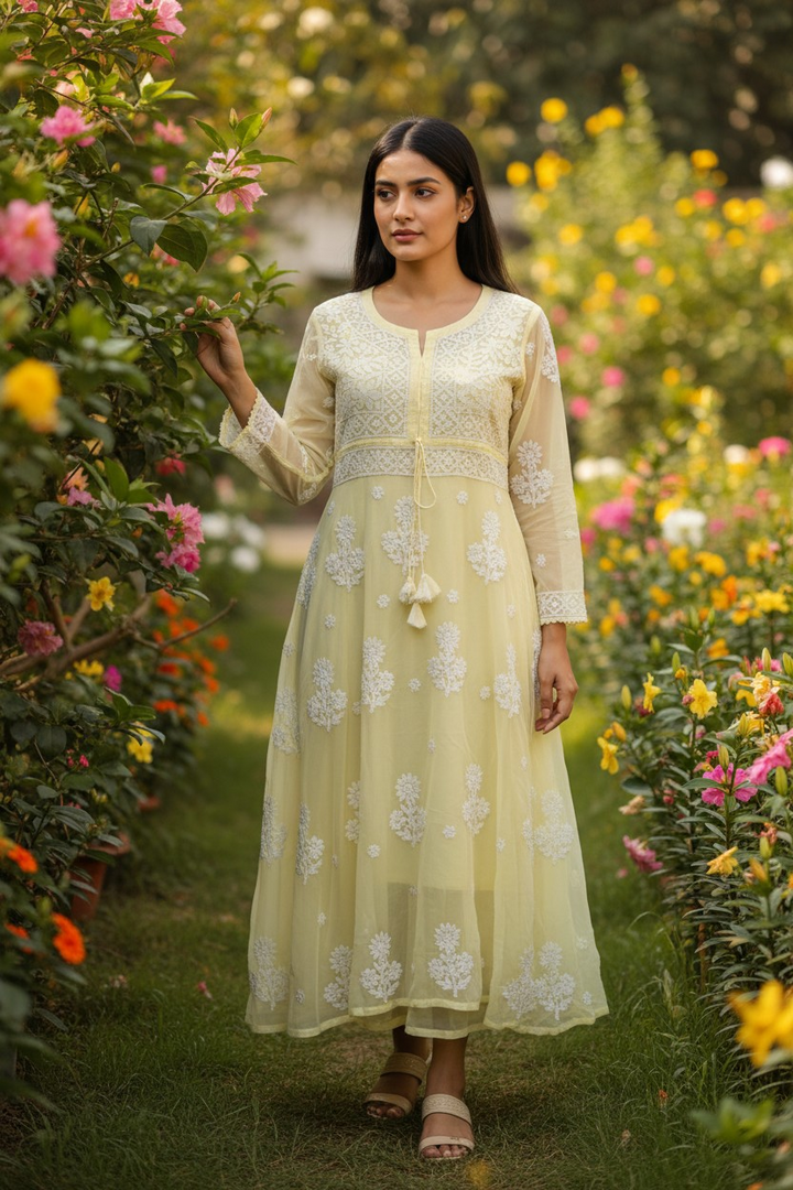 Georgette Lucknowi Chikankari 50" Long gown style Kurti | 100% Hand Embroidered| No Shrinkage