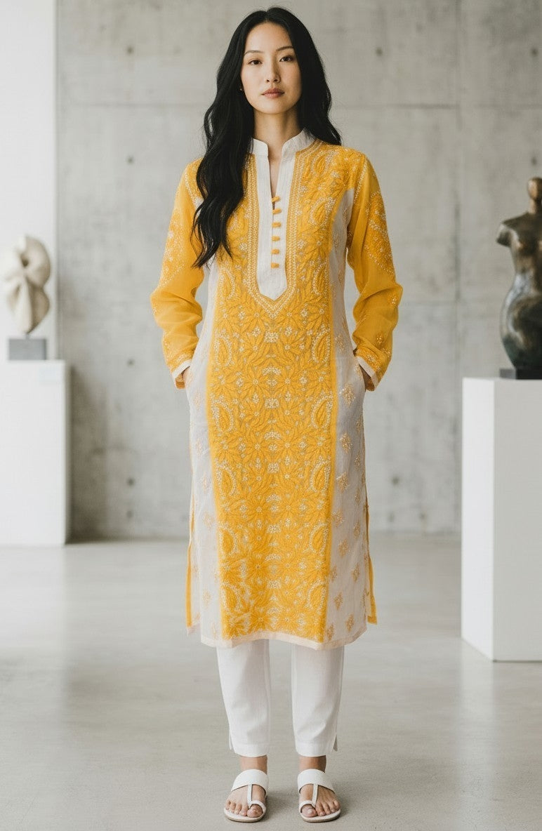 Dual Shade Georgette Lucknowi Chikankari Kurti – Hand Embroidered 48" approx long with Shadow & Murri Work, Exclusive Design