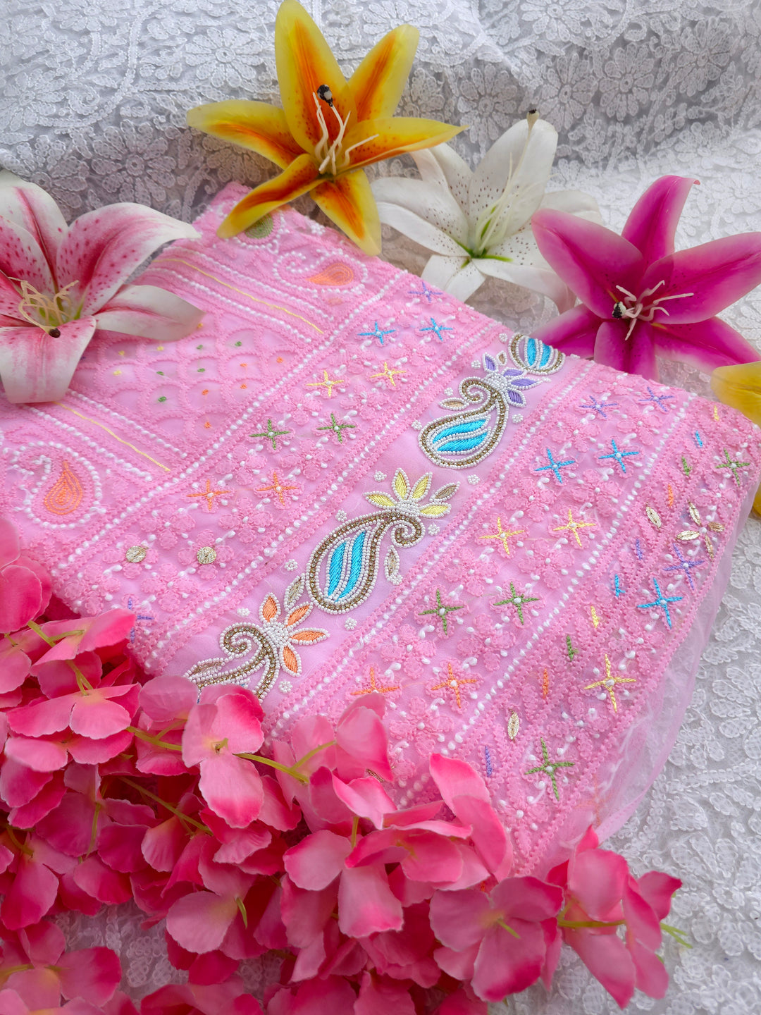 Fida Georgette Chikankari Dress Material Resham Aari pearl Work