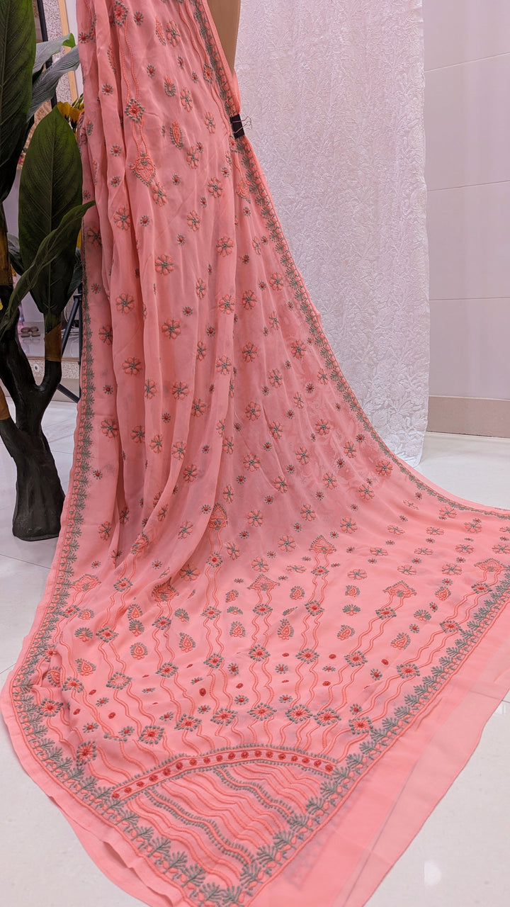 Faux Georgette Hand Chikankari Saree with Exclusive Border & designer Palla Design | Embroidered Blouse Included | Authentic Lucknow Handicraft by Paridhan Chikan