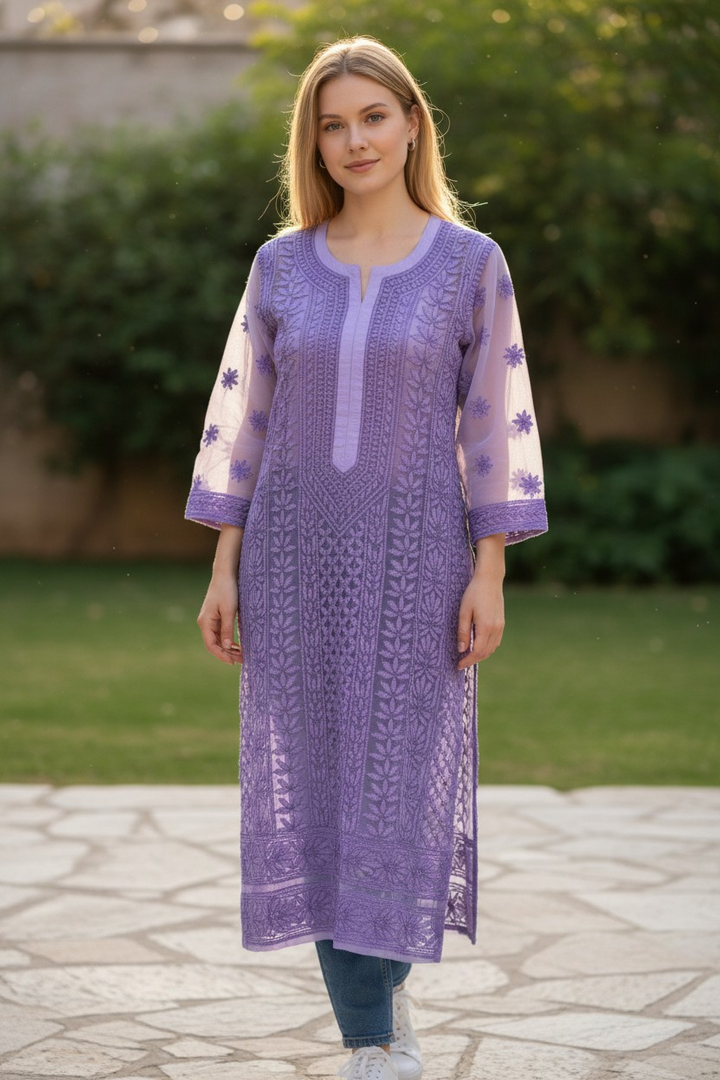 Georgette chikankari long kurti