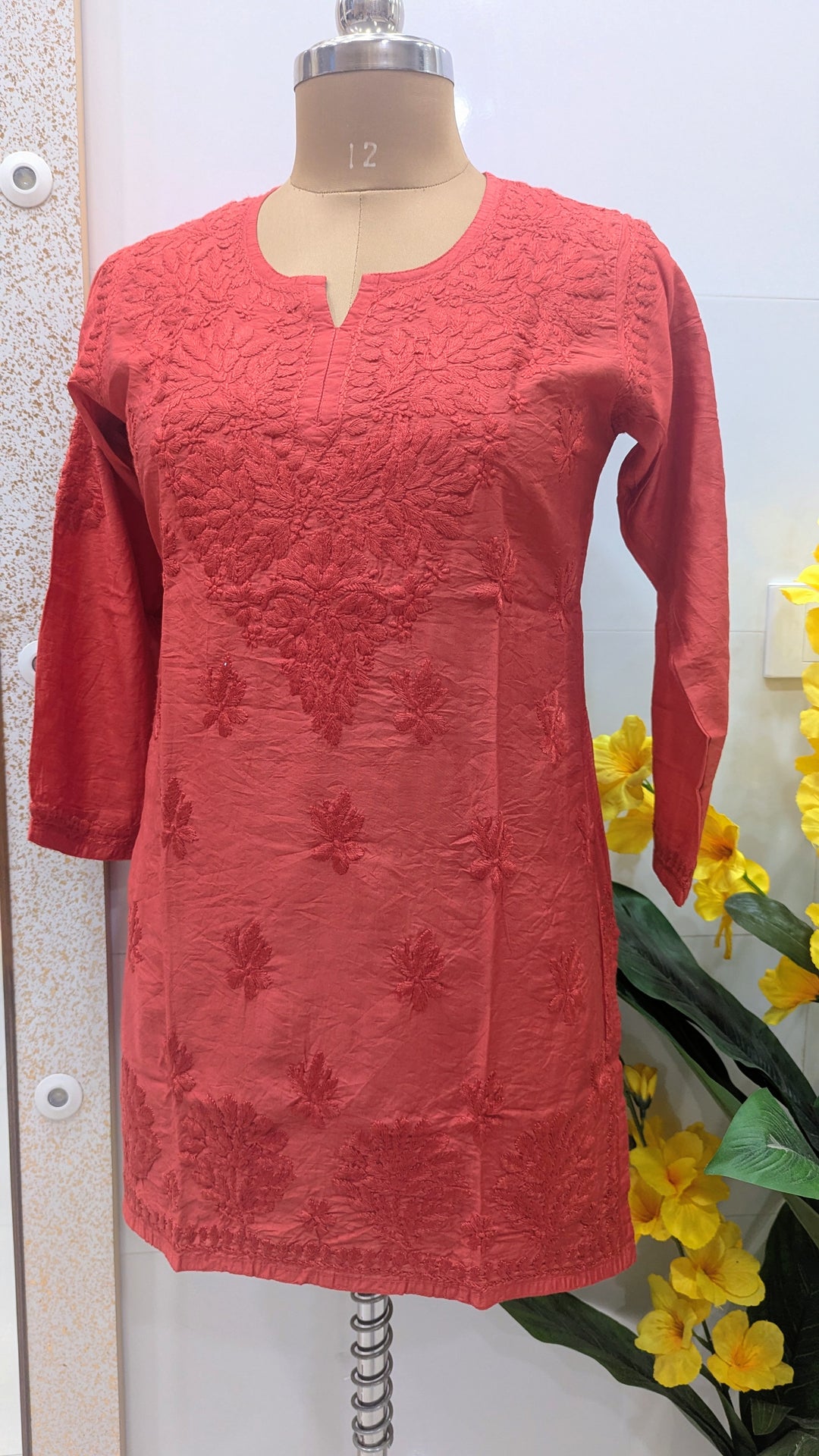 Non transparent Soft Chanderi Chikankari Top 32" length